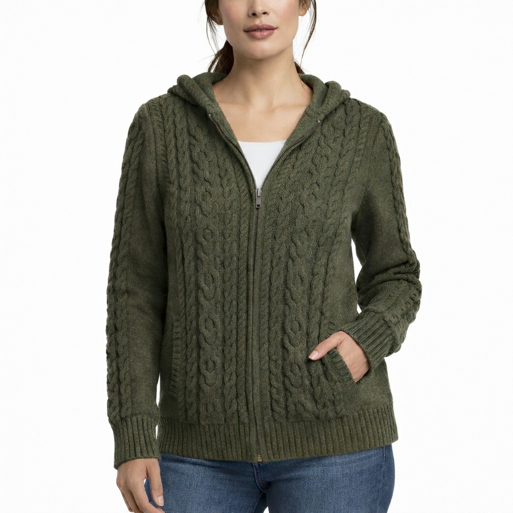 Women's L.L. Bean Green Cable Zip Up Knit Sweater Large Petite #50